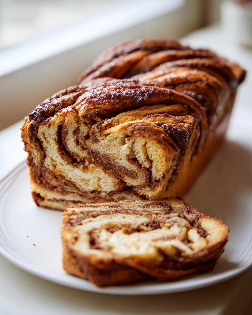 A freshly baked Apple Cinnamon Babka loaf with a slice cut and resting in front, showing rich cinnamon swirls.