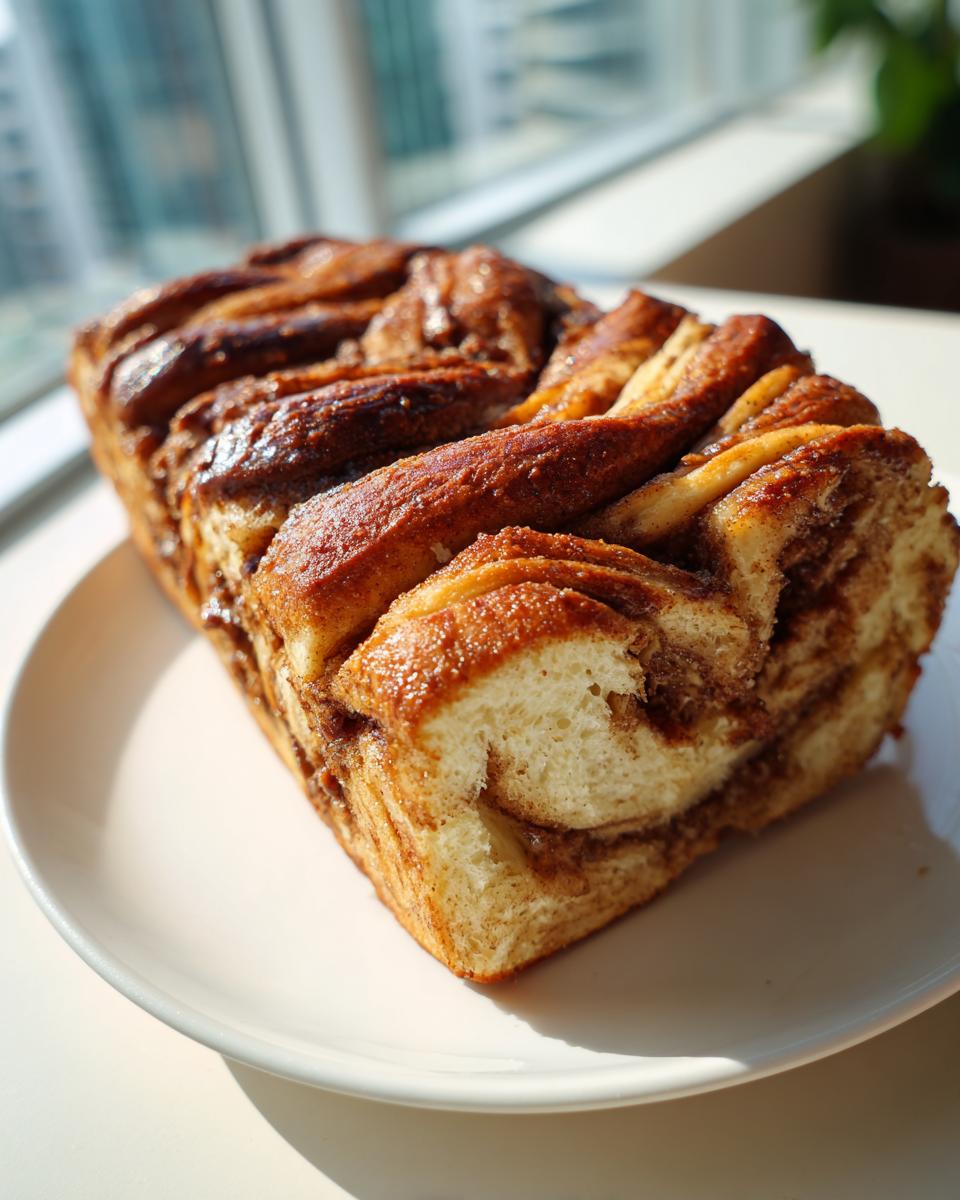 A freshly baked Apple Cinnamon Babka loaf with swirled layers, sitting on a white plate near a bright window.