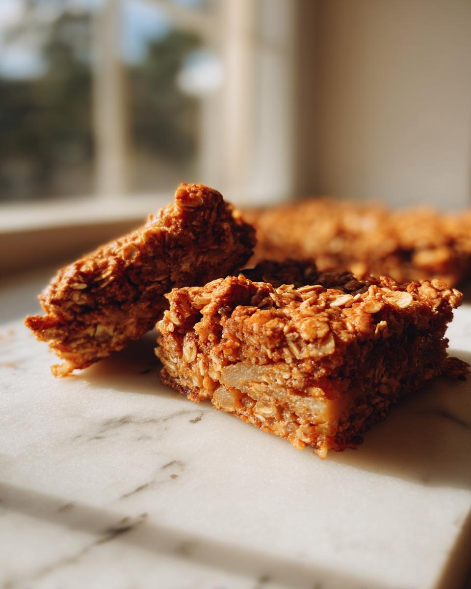 Two squares of textured Apple Cinnamon Breakfast Bars showing oats and apple filling on a white marble surface.