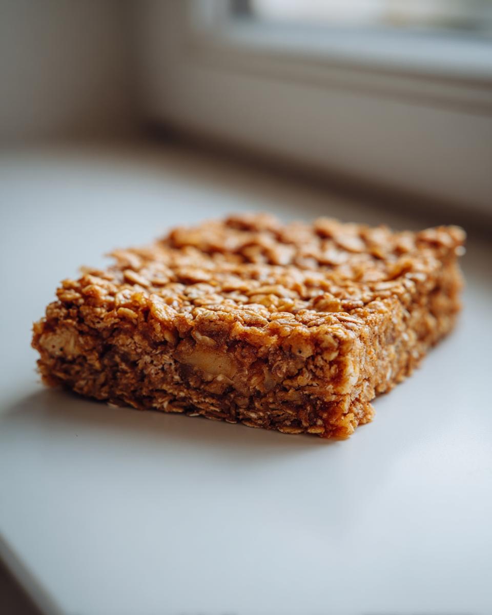 A single, thick Apple Cinnamon Breakfast Bar resting on a light surface near a window.