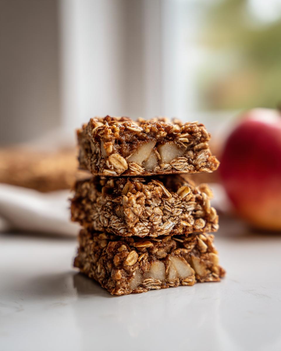 A stack of three chewy Apple Cinnamon Breakfast Bars made with oats and visible apple chunks.