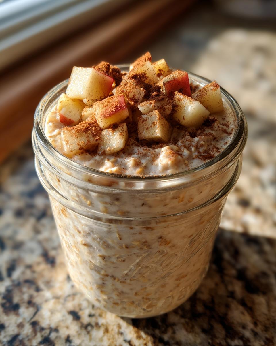Close-up of Apple Cinnamon Overnight Oats in a glass jar, topped with diced apples and cinnamon.