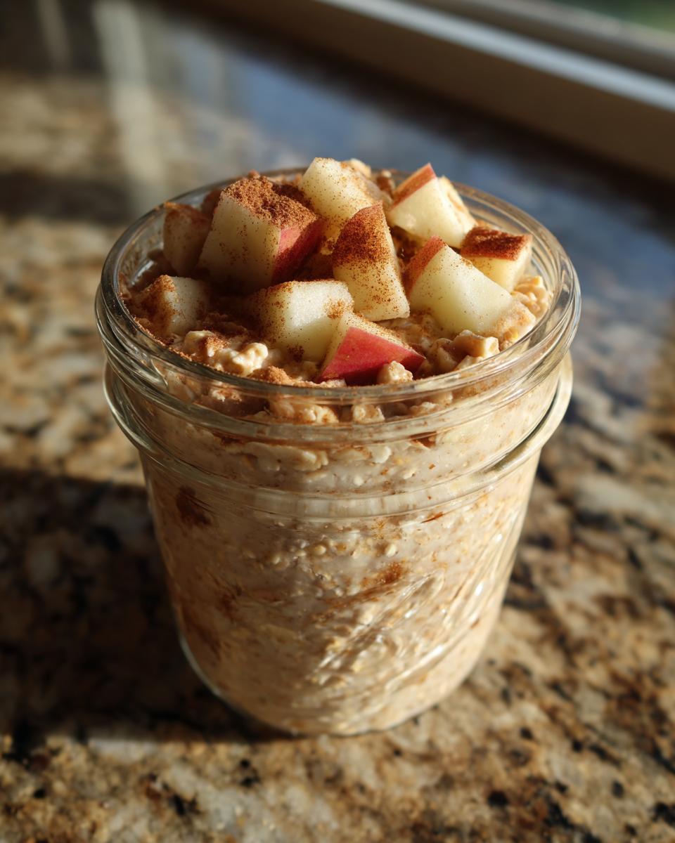 Close-up of Apple Cinnamon Overnight Oats in a glass jar, topped with diced apples and cinnamon.