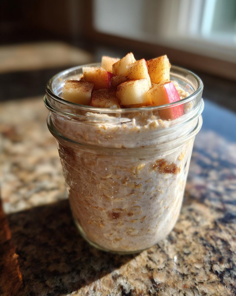Close-up of Apple Cinnamon Overnight Oats topped with diced apples and cinnamon in a glass jar.