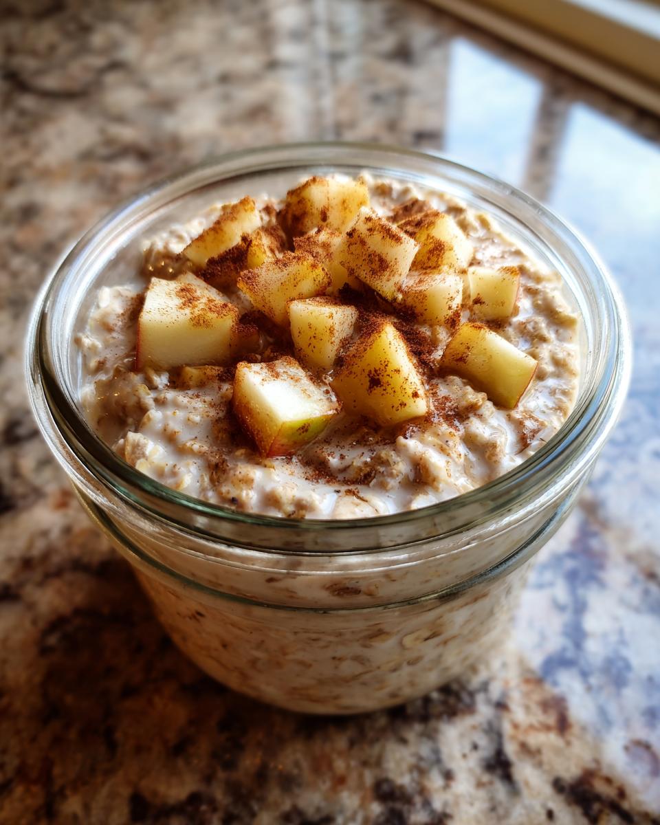 Close-up of Apple Cinnamon Overnight Oats topped with diced apples and cinnamon.