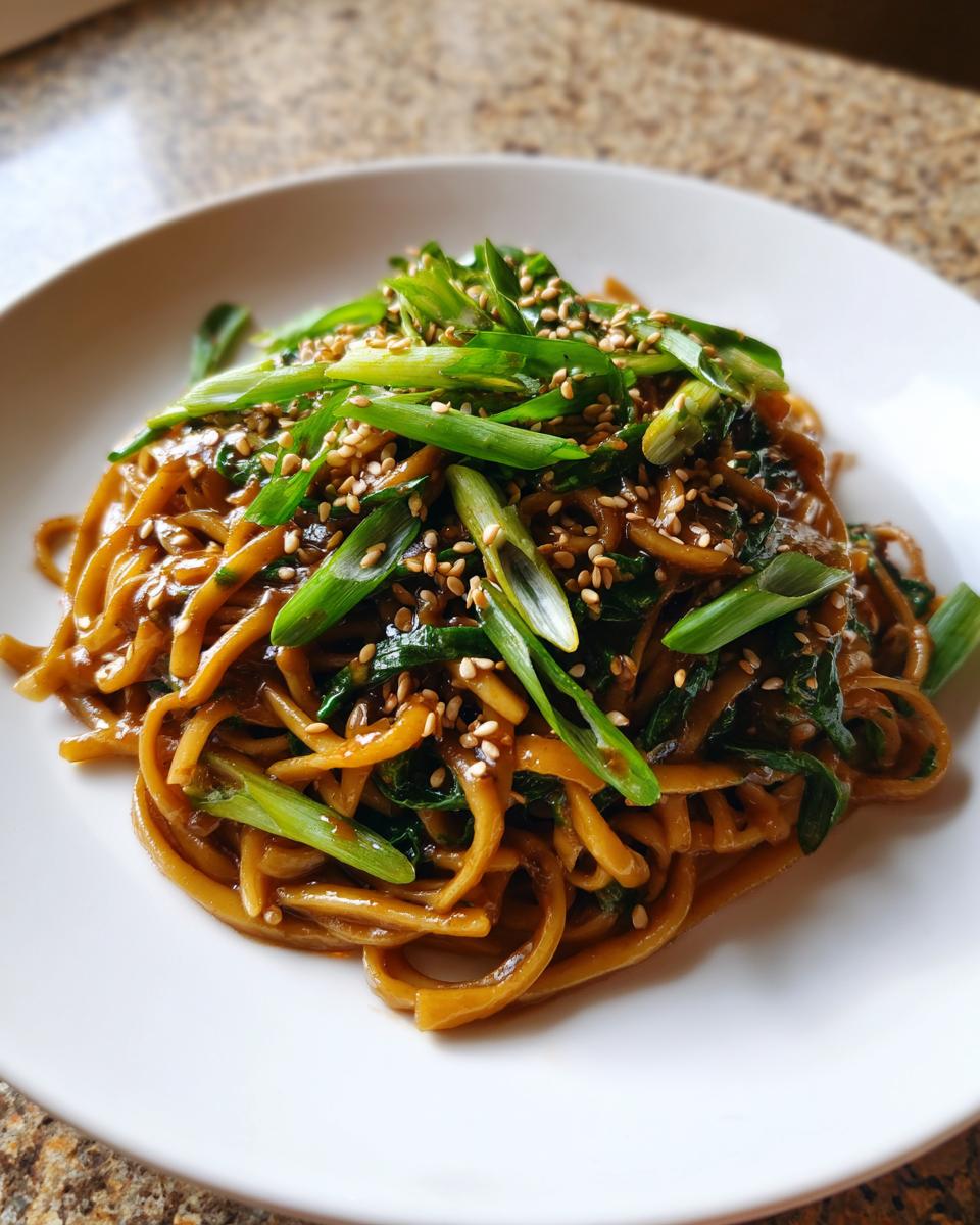 A close-up serving of glossy Asian Sesame Noodles tossed with greens and topped generously with sliced green onions and sesame seeds.