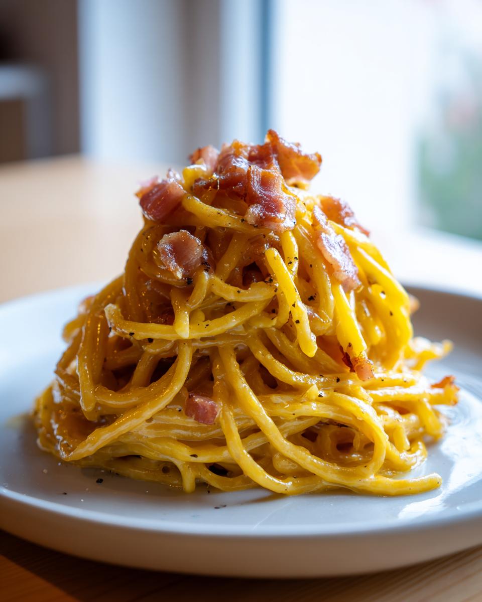 A tall mound of creamy, yellow-sauced Bacon Carbonara Pasta topped with crispy bacon pieces and black pepper.