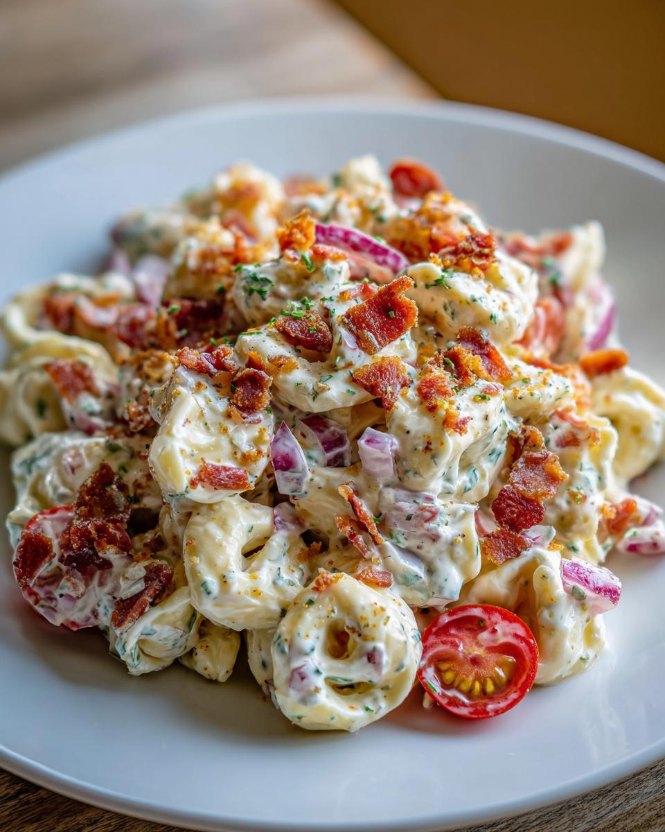 Close-up of a creamy Bacon Ranch Tortellini Salad topped with crispy bacon bits and red onion on a white plate.
