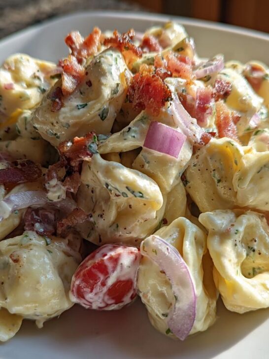 Creamy Bacon Ranch Tortellini Salad featuring pasta, bacon bits, red onion, and cherry tomatoes served on a white dish.