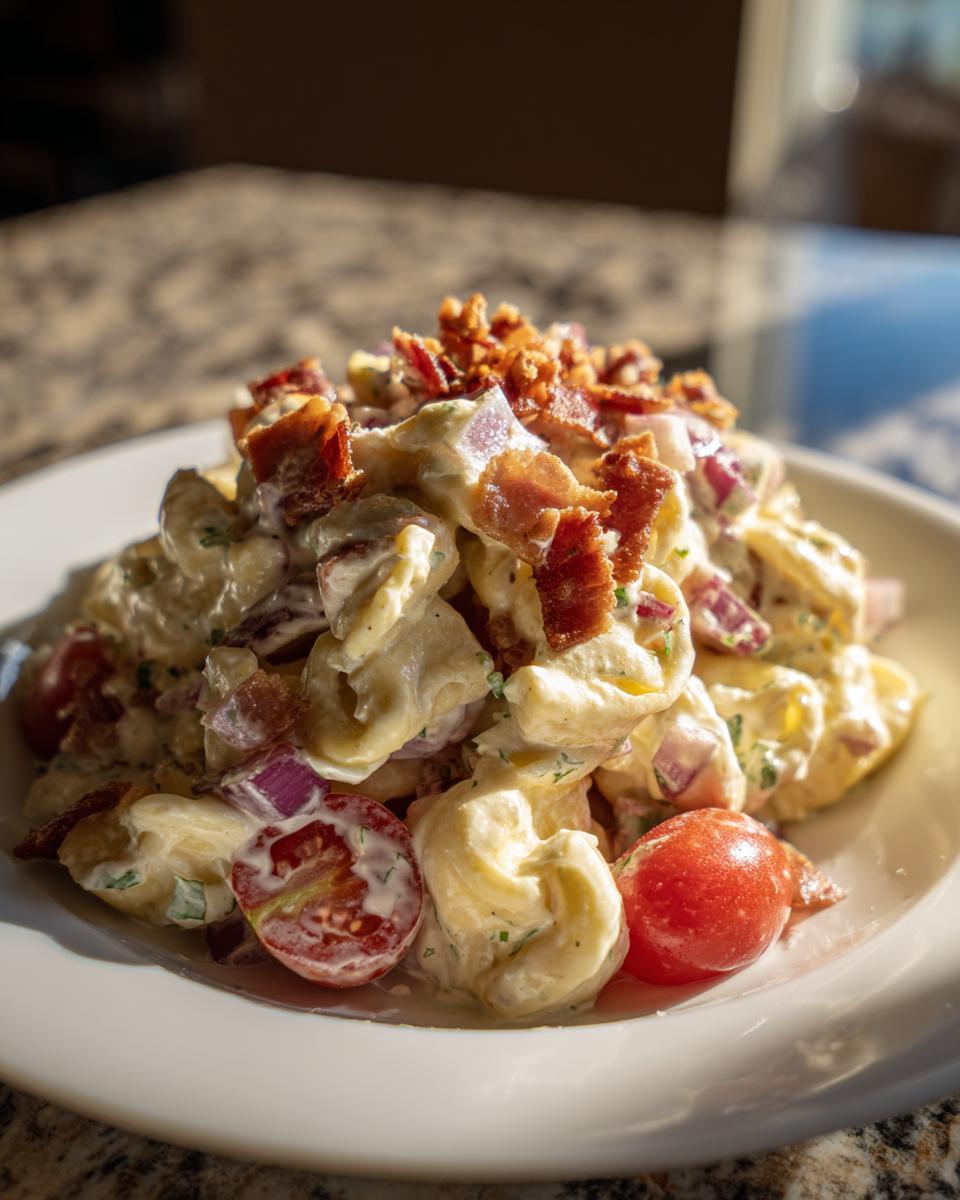 Close-up of a creamy Bacon Ranch Tortellini Salad topped generously with crispy bacon bits and cherry tomatoes.