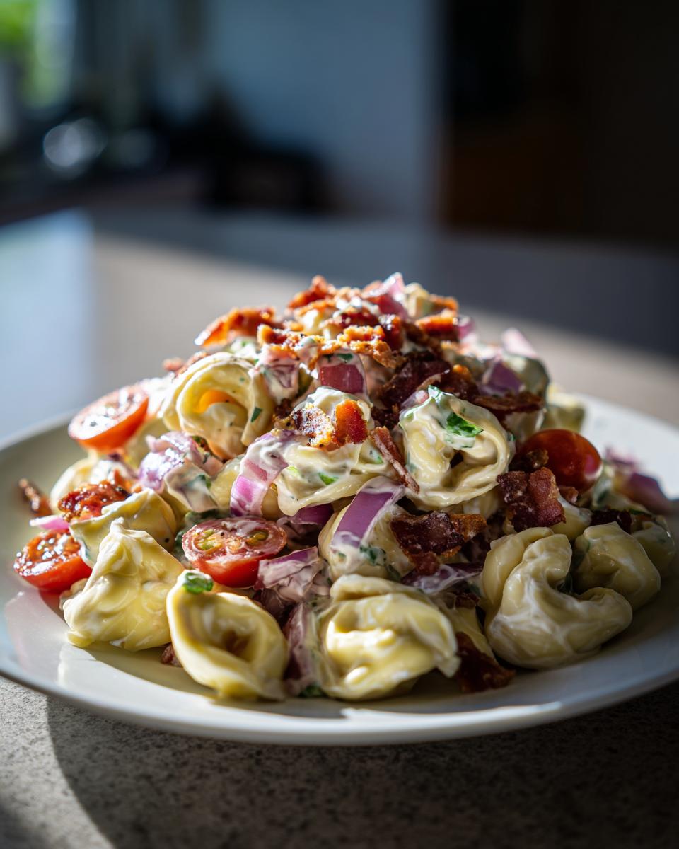 A close-up of a creamy Bacon Ranch Tortellini Salad piled high with bacon crumbles, red onion, and halved cherry tomatoes.