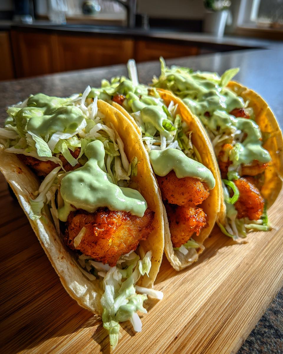 Three Baja Fish Tacos With Avocado Crema featuring crispy fish, shredded lettuce, and a vibrant green sauce on a wooden board.