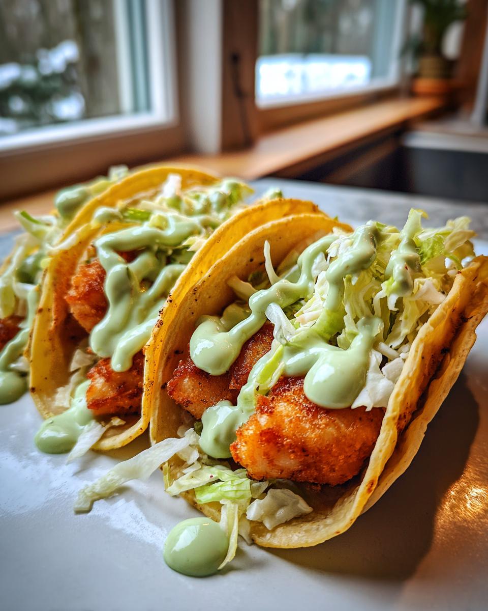Three Baja Fish Tacos With Avocado Crema featuring crispy fish, shredded lettuce, and a generous drizzle of green sauce on soft tortillas.