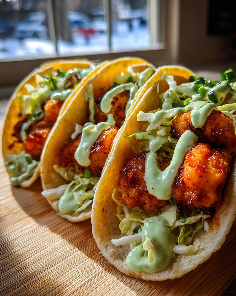 Three Baja Fish Tacos With Avocado Crema featuring crispy fish, shredded cabbage, and a generous drizzle of green sauce.