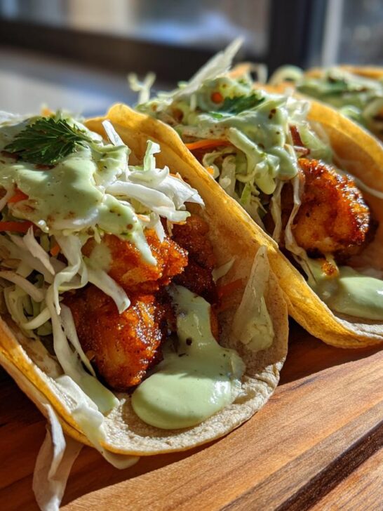 Three delicious Baja Fish Tacos With Avocado Crema, featuring crispy fish, slaw, and green sauce on a wooden board.