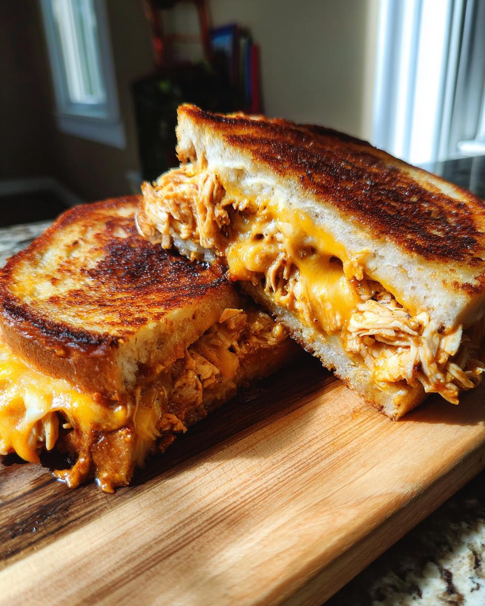Cross-section of a perfectly grilled Baked BBQ Chicken Grilled Cheese showing melted dairy-free cheese and shredded chicken.