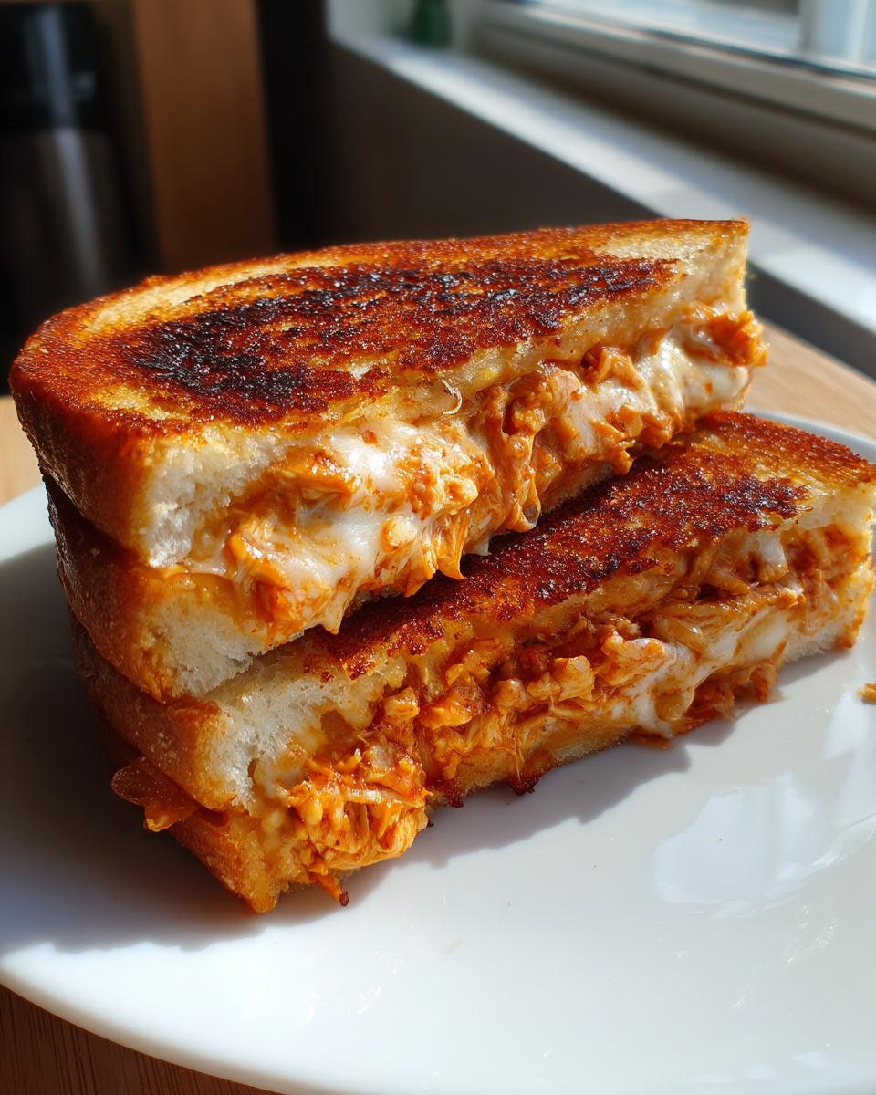 A close-up of a halved Baked BBQ Chicken Grilled Cheese Dairy Free showing gooey melted cheese and shredded BBQ chicken filling.