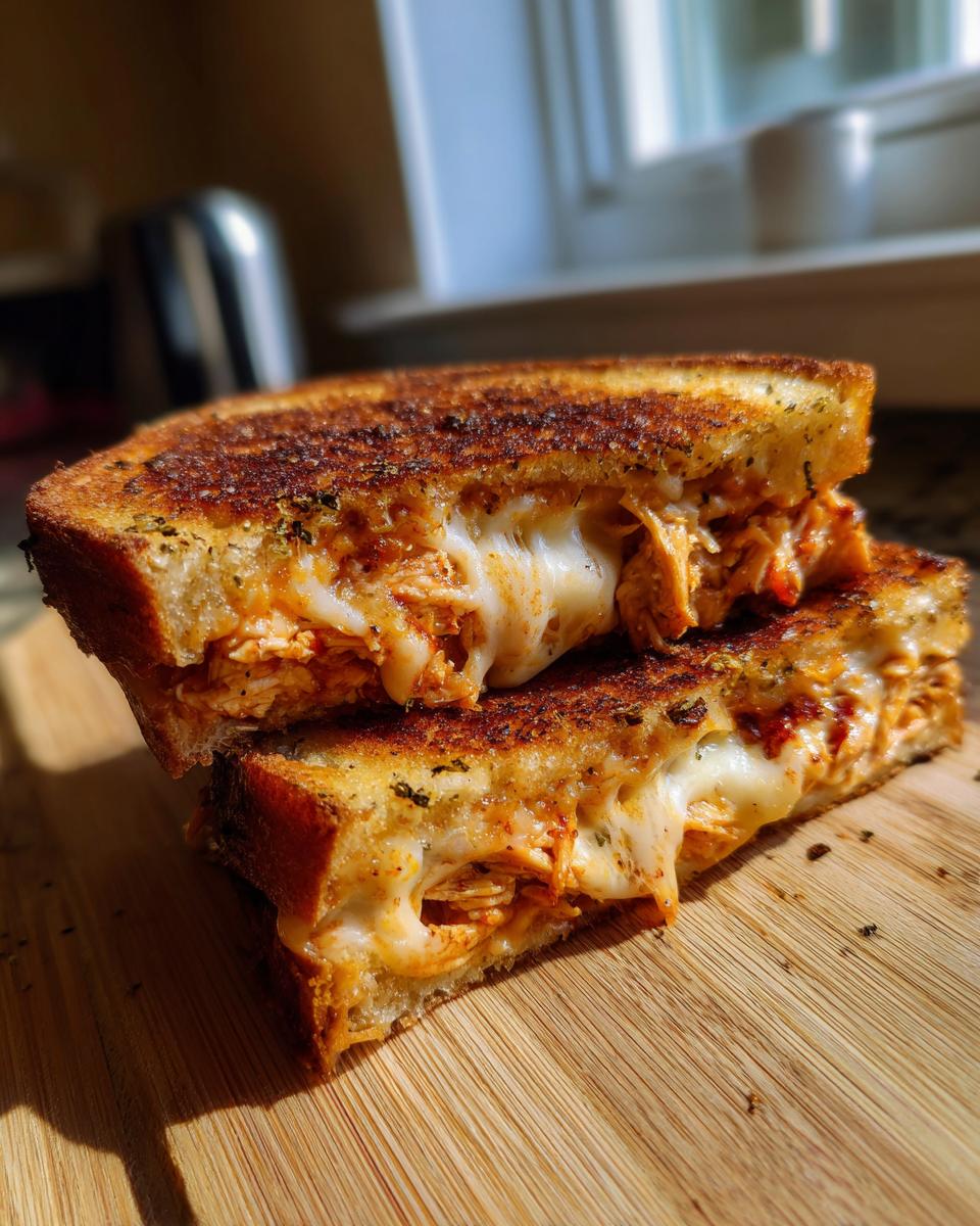 Close-up of a halved Baked BBQ Chicken Grilled Cheese Dairy Free sandwich showing gooey, melted dairy-free cheese and shredded chicken filling.