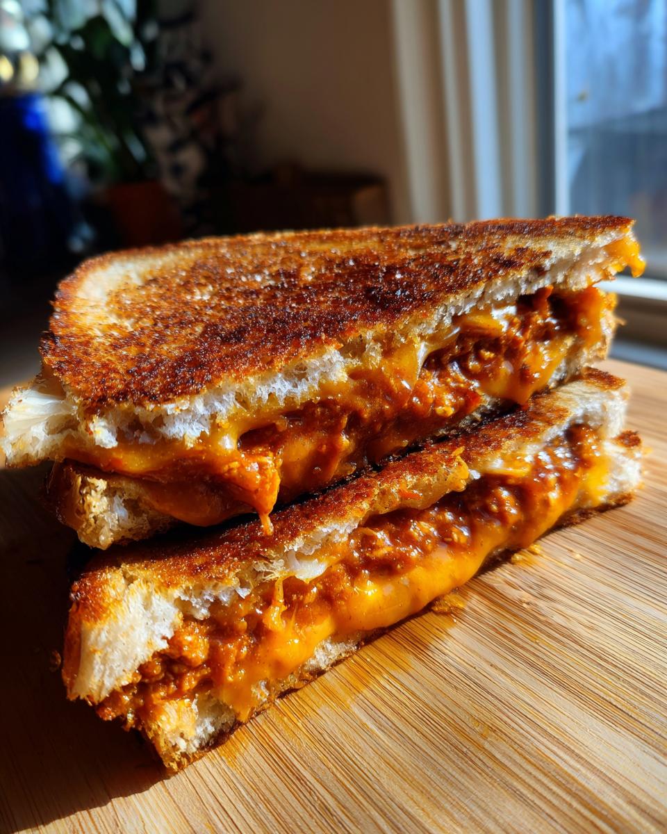 Close-up of a perfectly grilled Baked BBQ Chicken Grilled Cheese Dairy Free sandwich, cut in half, showing melted dairy-free cheese and BBQ chicken filling.