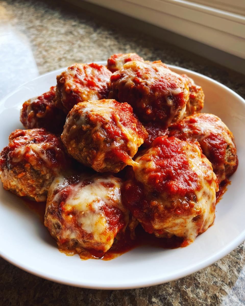 A white bowl filled with several juicy Baked Chicken Parmesan Meatballs topped with melted mozzarella and marinara sauce.