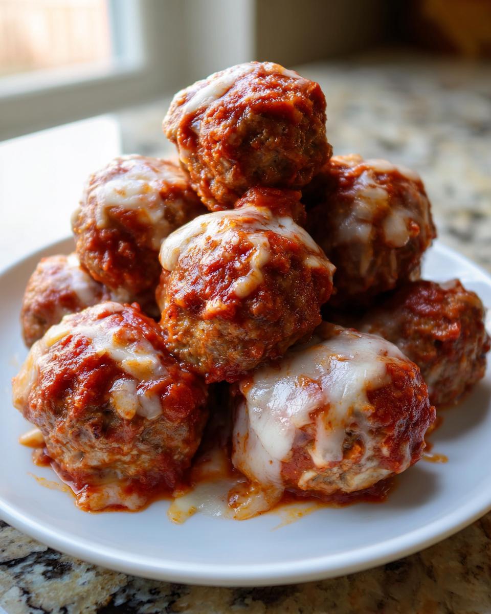 A stack of juicy Baked Chicken Parmesan Meatballs covered in marinara sauce and melted mozzarella cheese.