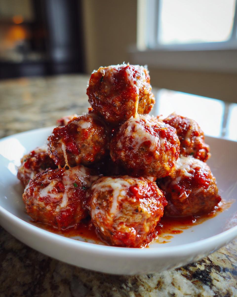 A stack of juicy Baked Chicken Parmesan Meatballs smothered in marinara sauce and melted mozzarella cheese.