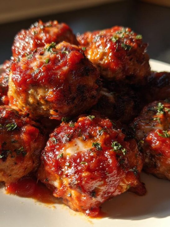 A close-up of several juicy Baked Chicken Parmesan Meatballs coated in rich tomato sauce and sprinkled with herbs.