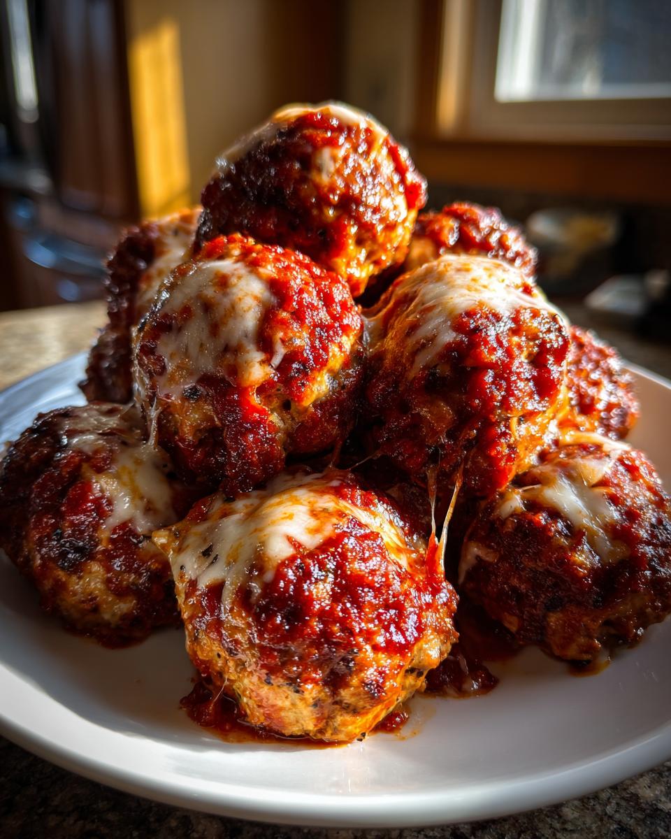 A close-up stack of Baked Chicken Parmesan Meatballs covered in rich marinara sauce and melted mozzarella cheese.