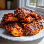 A close-up of several pieces of sticky, caramelized Baked Huli Huli Chicken piled high on a white plate.
