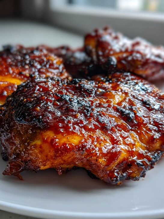 Close-up of three pieces of shiny, caramelized Baked Huli Huli Chicken with a dark glaze on a white plate.