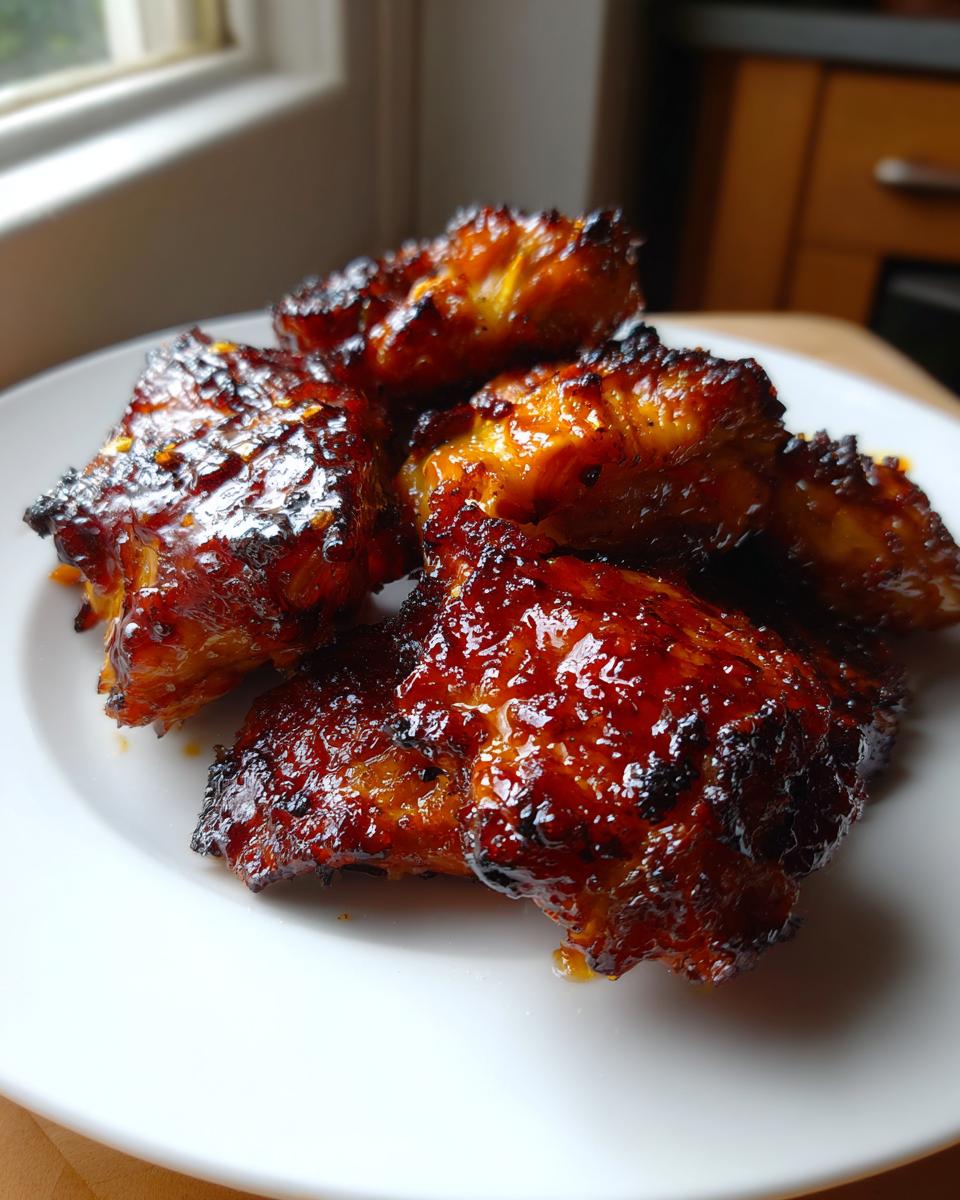 Close-up of sticky, caramelized Baked Huli Huli Chicken pieces served on a white plate.