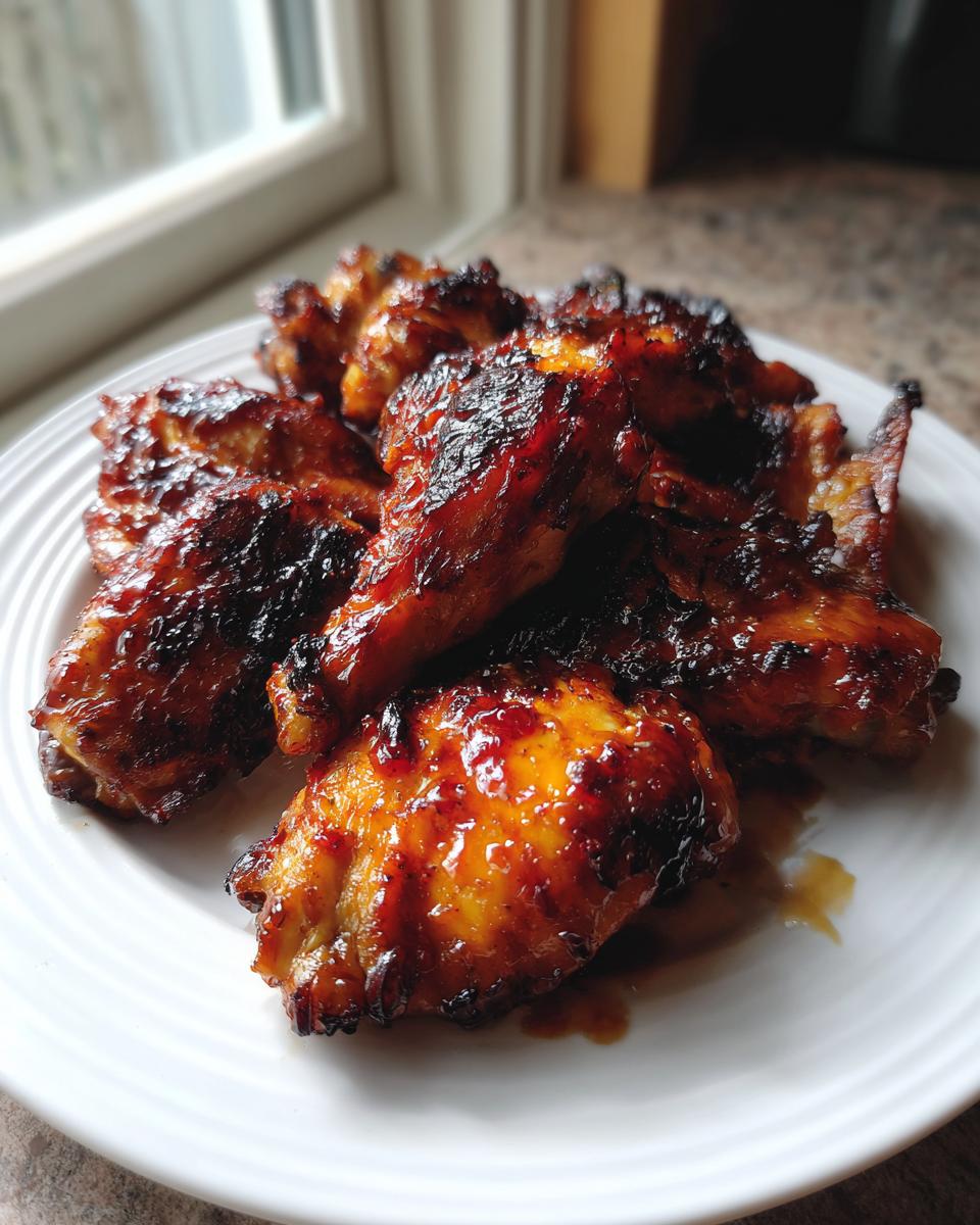 Close-up of several sticky, caramelized Baked Huli Huli Chicken wings piled on a white plate.