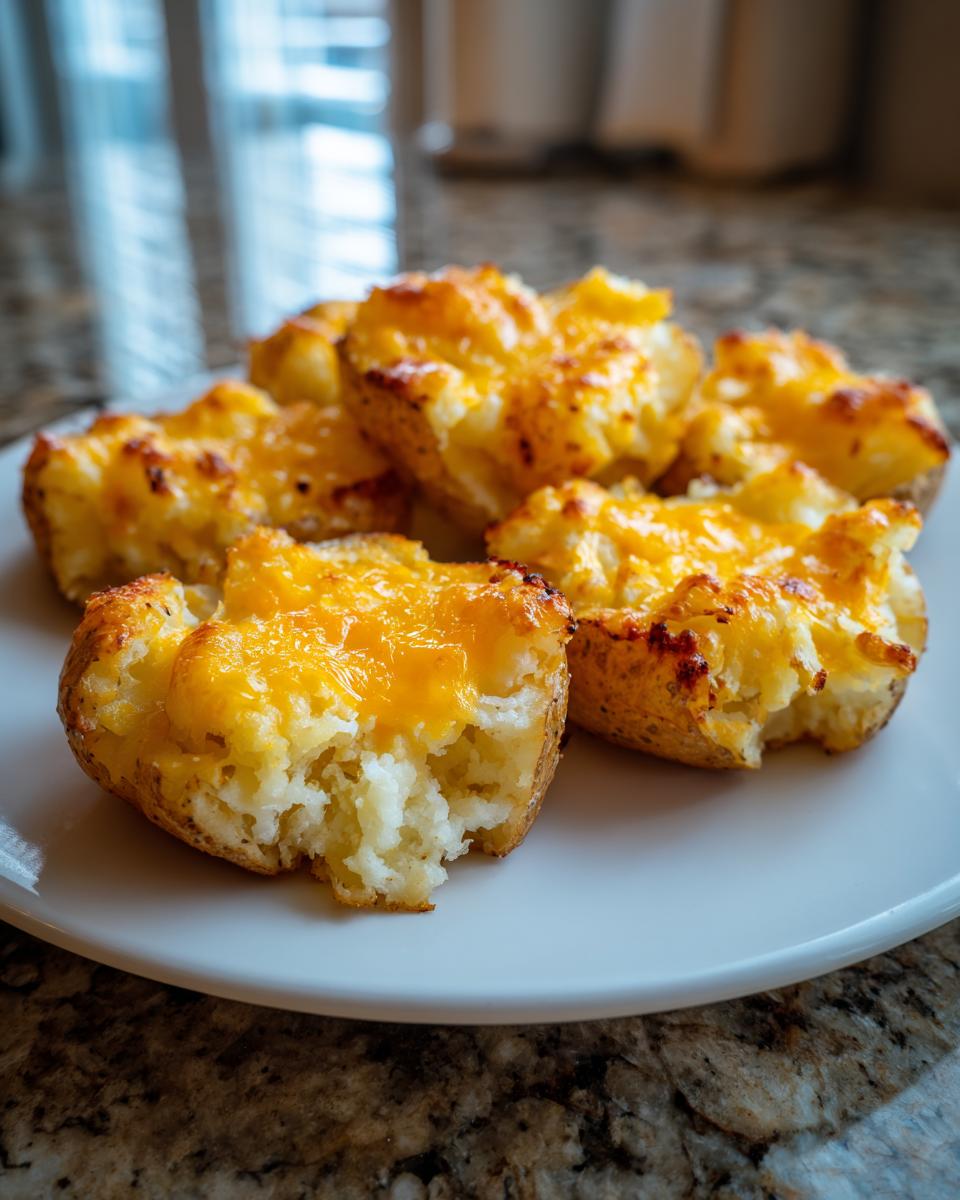 Close-up of several Baked Potato Slices With Cheese, topped with melted cheddar, served on a white plate.
