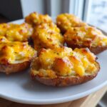 Close-up of several golden brown Baked Potato Slices With Cheese, topped with melted cheddar and herbs.