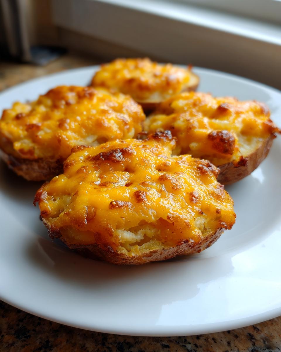 Four perfectly golden Baked Potato Slices With Cheese served on a white plate, featuring melted, browned cheddar topping.
