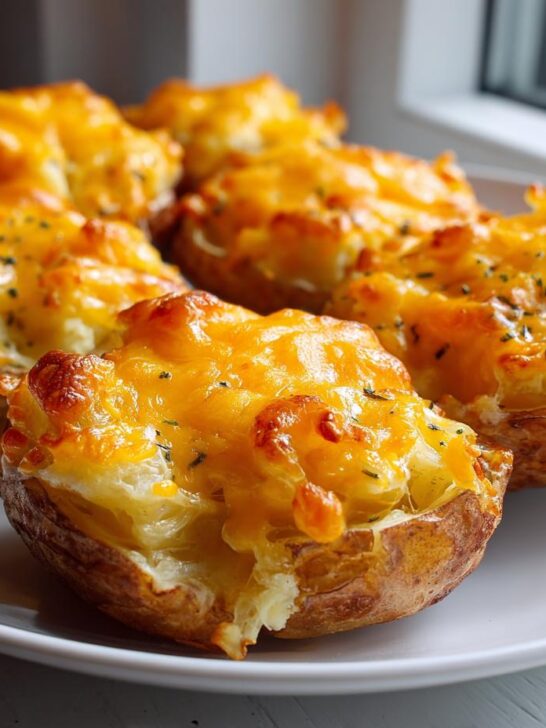 Close-up of several golden brown Baked Potato Slices With Cheese, topped with melted cheddar and herbs.