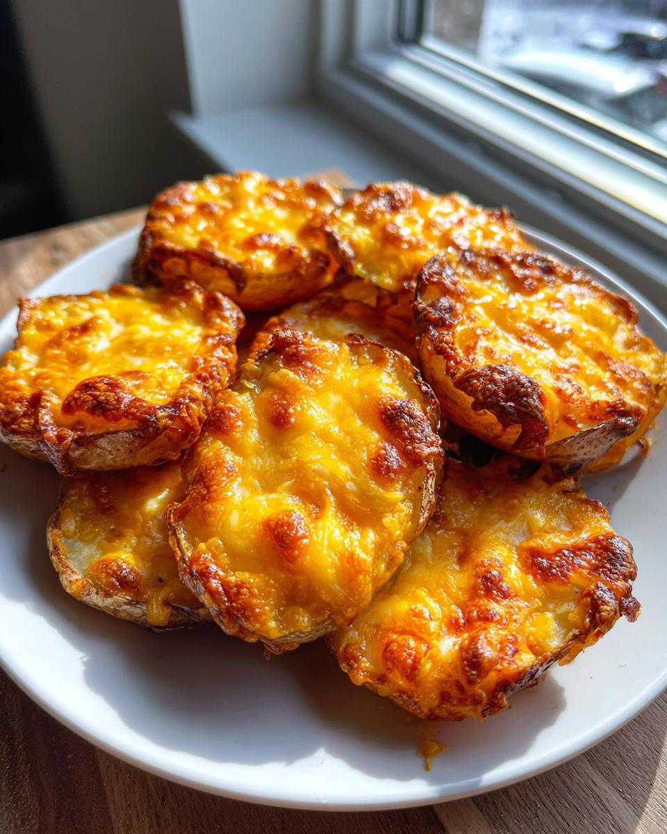 A plate holding several golden brown Baked Potato Slices With Cheese, perfectly melted and bubbly.