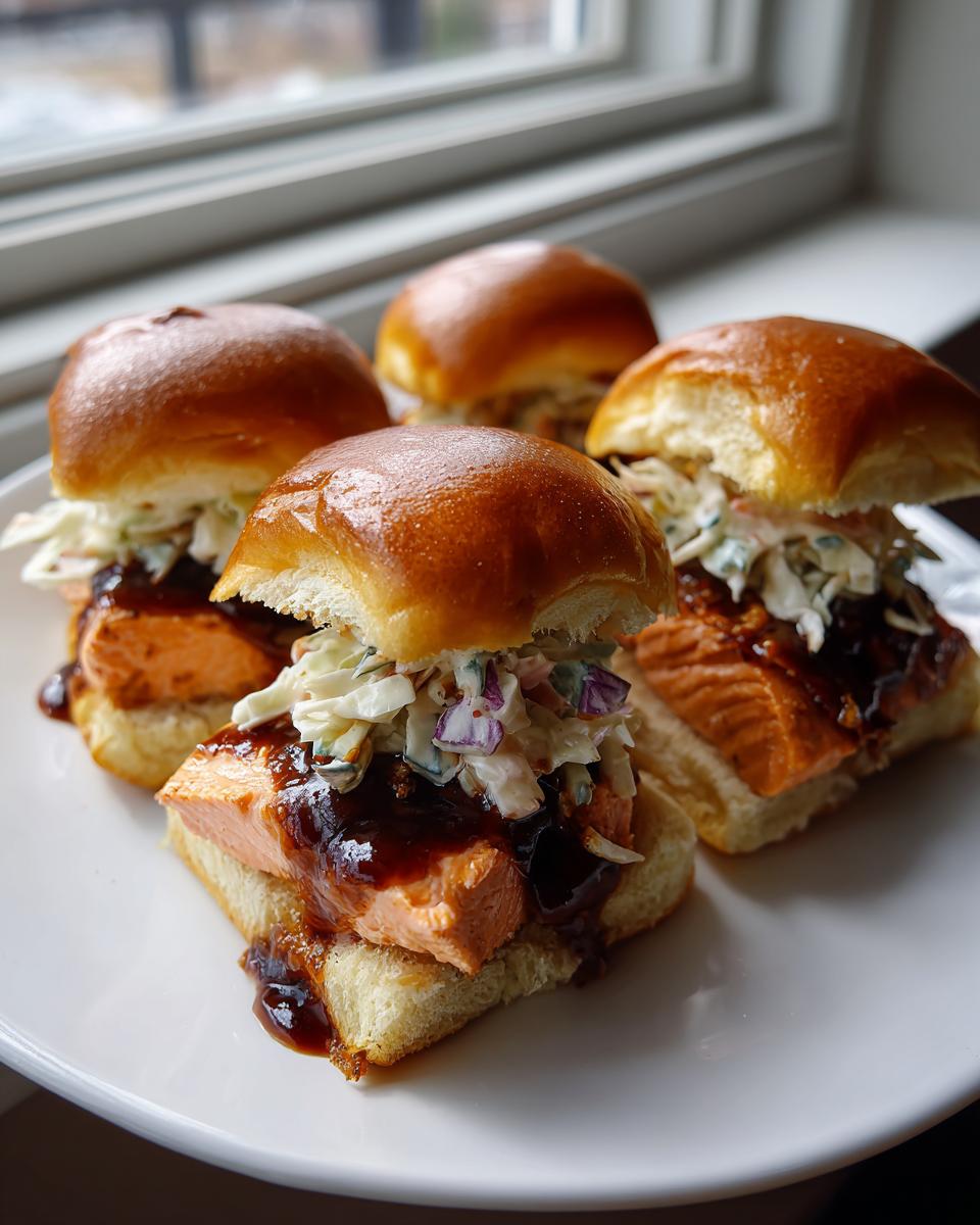 Four delicious Baked Salmon Sliders With BBQ Jerk Sauce topped with coleslaw on a white plate.
