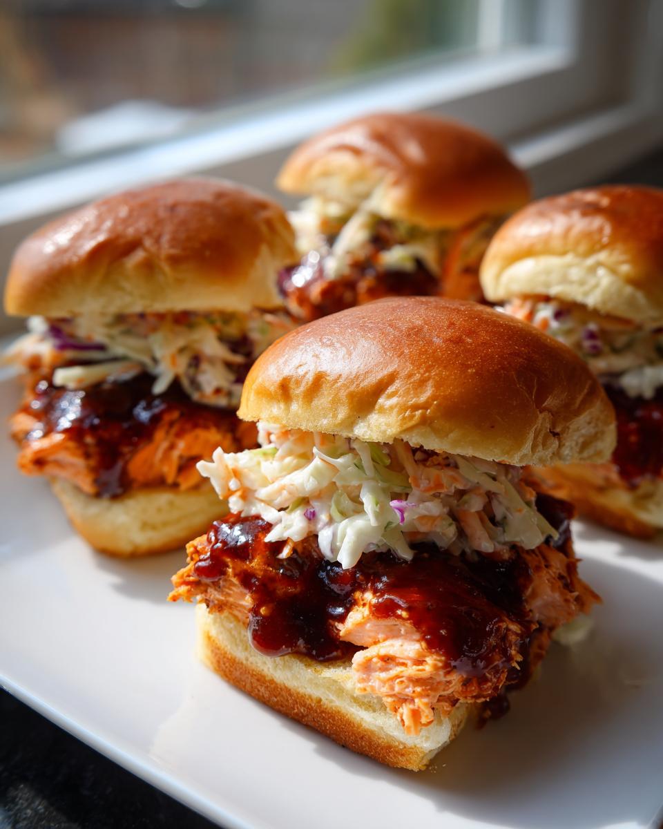 Four delicious Baked Salmon Sliders With BBQ Jerk Sauce topped with creamy coleslaw on a white plate.