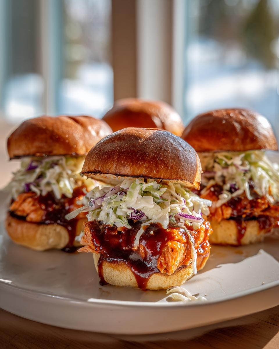 Close-up of three Baked Salmon Sliders With BBQ Jerk Sauce topped with creamy coleslaw on brioche buns.