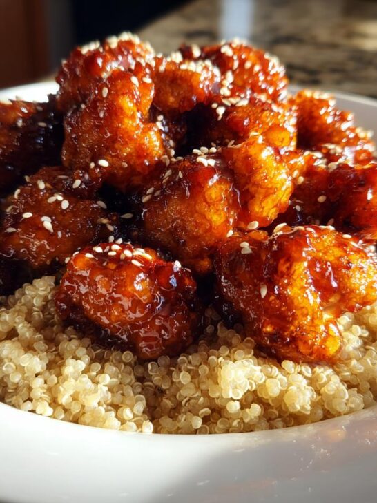 Close-up of Baked Sticky Orange Cauliflower Quinoa served in a white bowl, topped with sesame seeds.
