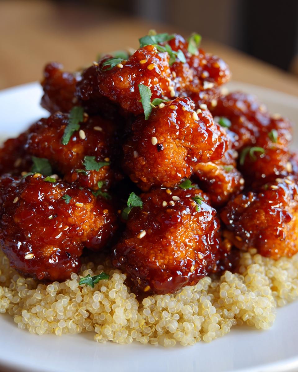 Close-up of Baked Sticky Orange Cauliflower Quinoa, featuring glazed cauliflower pieces on a bed of fluffy quinoa.