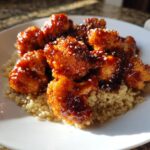 Close-up of Baked Sticky Orange Cauliflower Quinoa pieces coated in a glossy sauce and sprinkled with sesame seeds, served over a bed of quinoa.