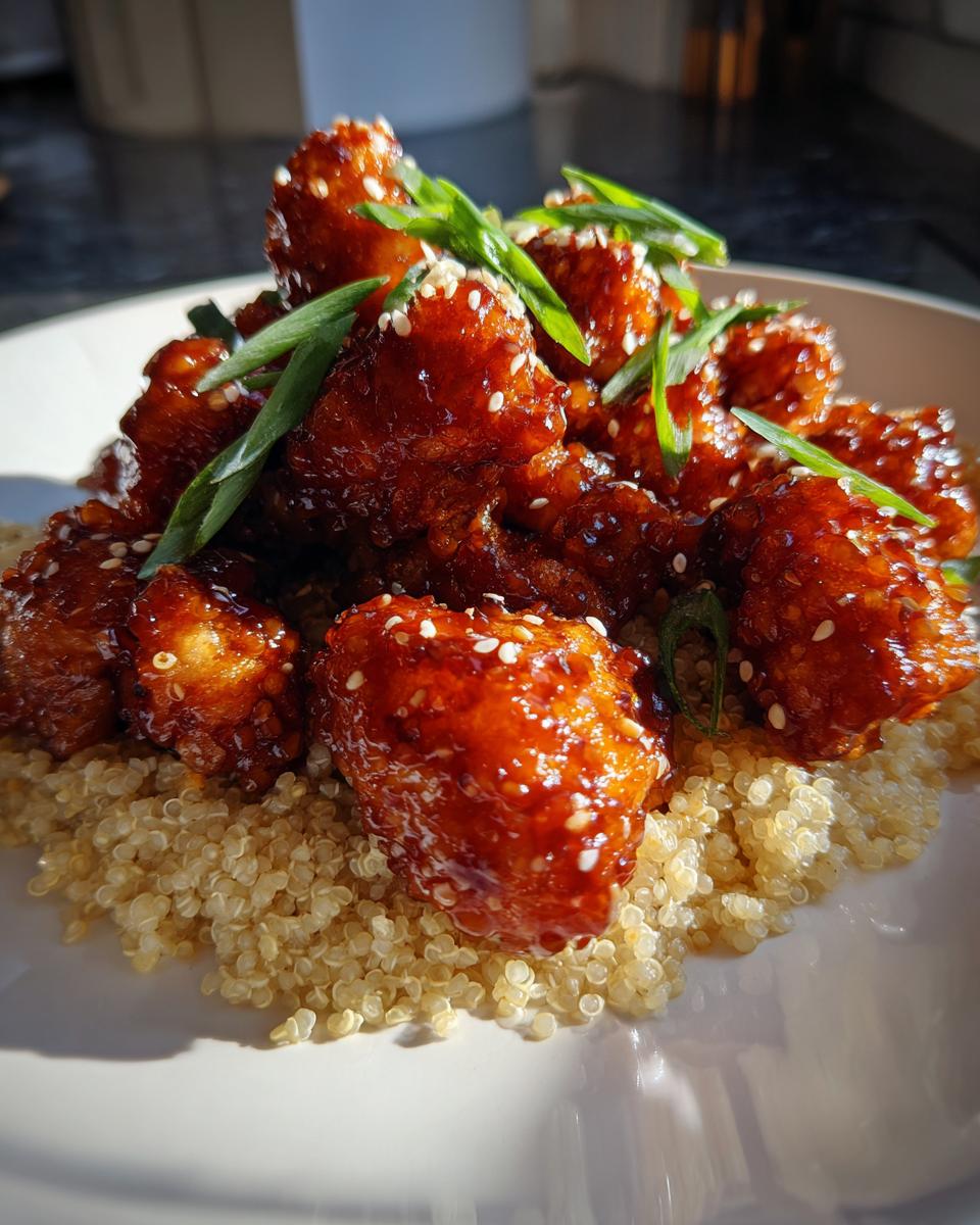 Close-up of Baked Sticky Orange Cauliflower Quinoa, featuring glazed cauliflower florets over a bed of fluffy quinoa.