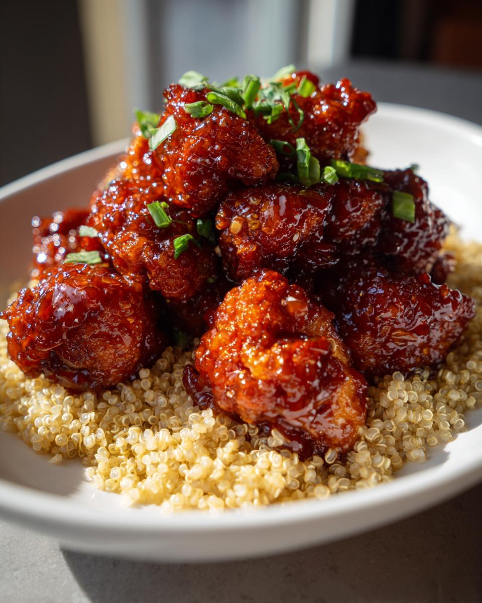 Close-up of Baked Sticky Orange Cauliflower Quinoa, featuring glazed cauliflower bites on a bed of fluffy quinoa.