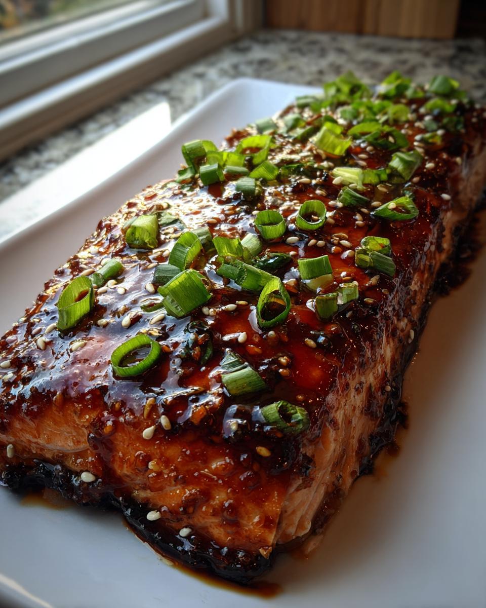 Close-up of a glistening fillet of Baked Teriyaki Salmon covered in dark glaze, sesame seeds, and chopped green onions.