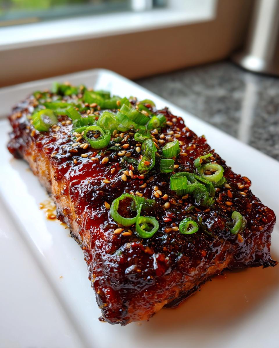 A close-up of a perfectly glazed Baked Teriyaki Salmon topped with sesame seeds and sliced green onions.
