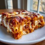 A generous slice of cheesy Baked Ziti Recipe covered in rich tomato sauce and browned mozzarella.