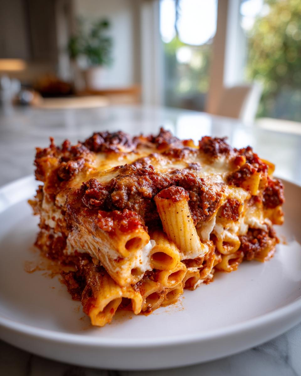 A generous slice of hearty Baked Ziti Recipe featuring rigatoni pasta, rich meat sauce, and melted cheese on a white plate.