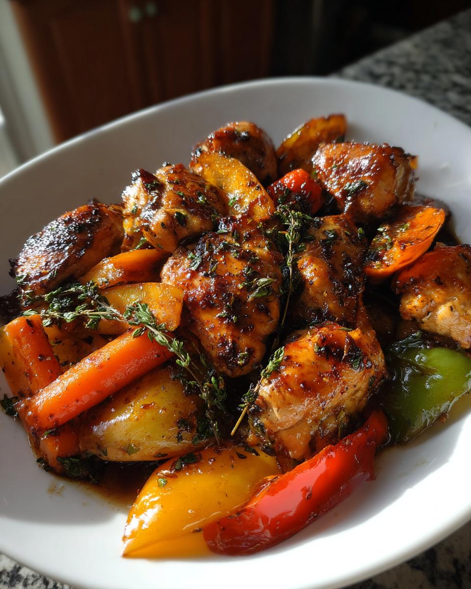 Close-up of juicy Balsamic Glazed Chicken And Veggies, featuring glazed chicken pieces, carrots, and bell peppers garnished with thyme.